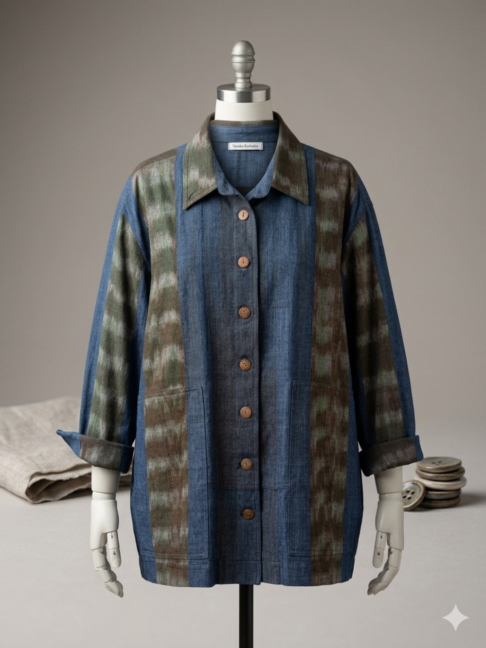 Vintage Yasuko Kurisaka Blue and Brown Button-Up Shirt Jacket